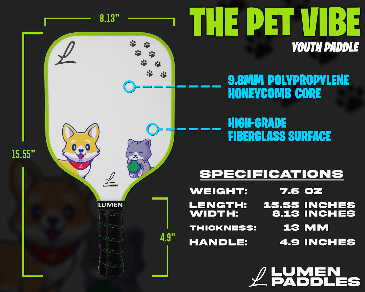 Lumen Paddles Pet Vibe Youth Pickleball Paddle Specs